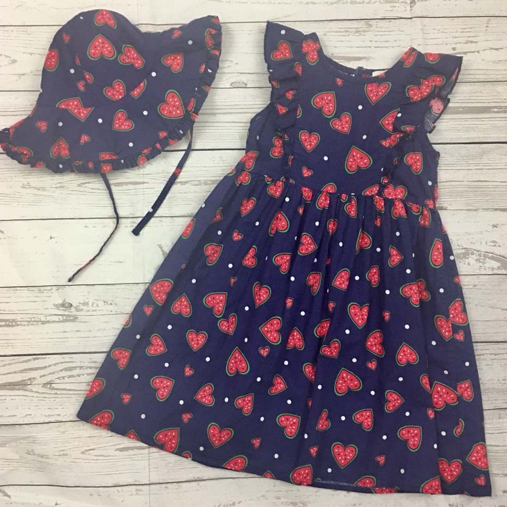 Emma & Elsa Girls Size 5 Dress & Sunhat Watermelon Hearts Ruffles Cotton Summer